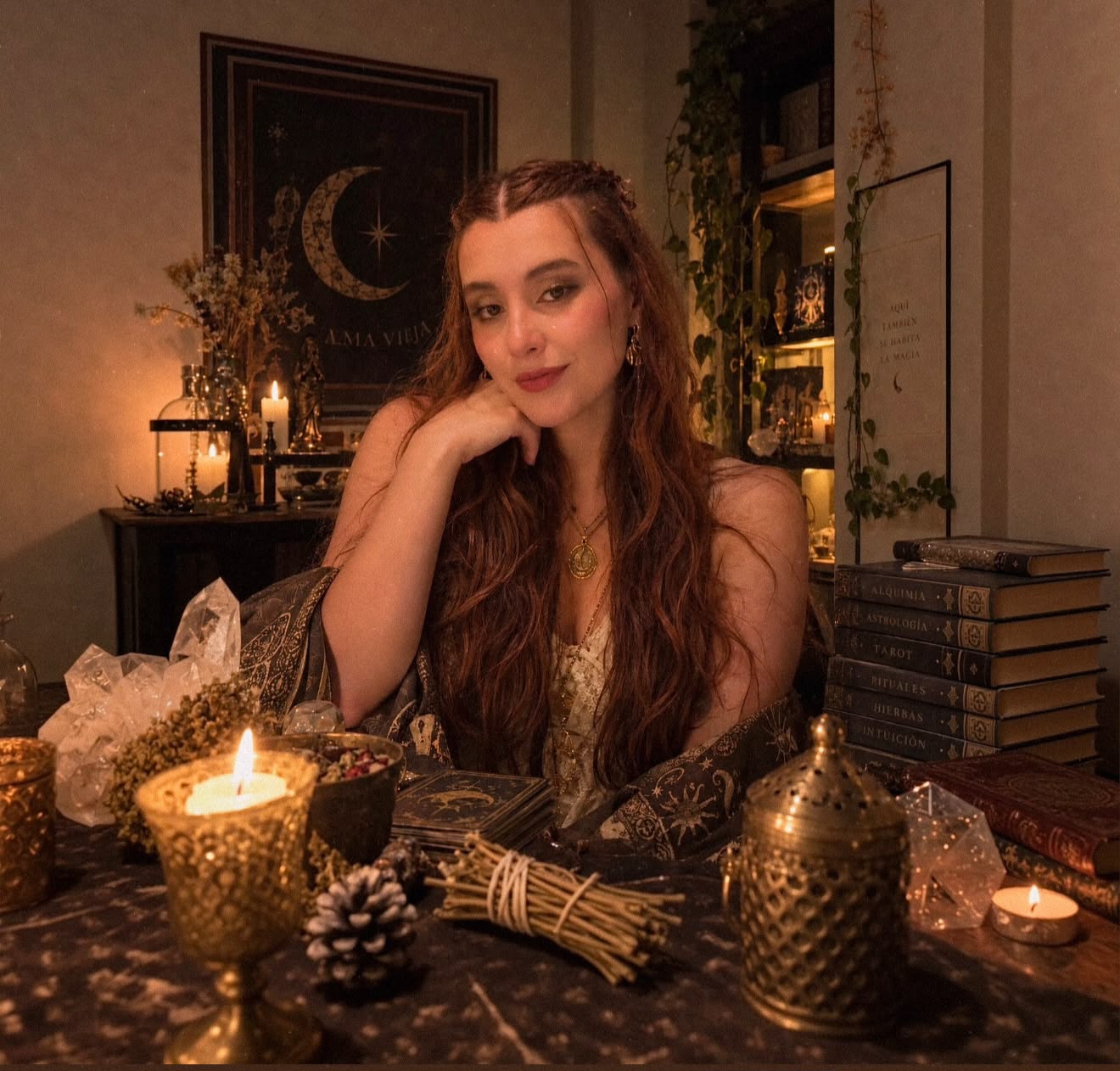 Lectora de tarot rodeada de velas, cristales y libros místicos